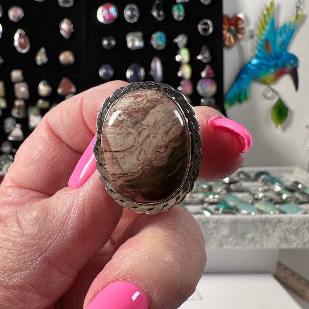 💕 Jasper gemstone, silver plated, handmade ring, size 8.25. vintage look